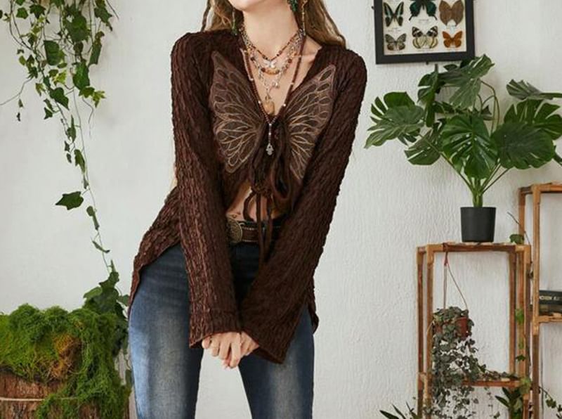 Print V-Neck Top Crop Long-Sleeve Butterfly Front Ribbon