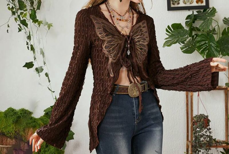 Print V-Neck Top Crop Long-Sleeve Butterfly Front Ribbon