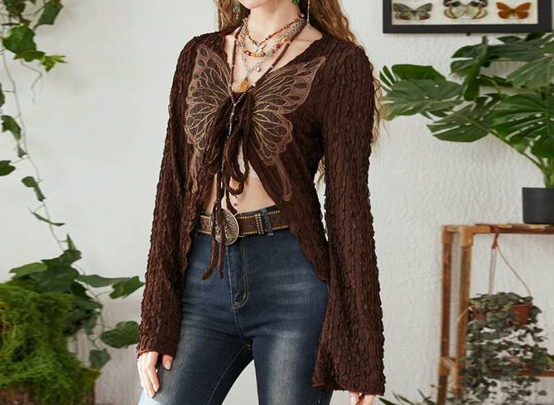 Print V-Neck Top Crop Long-Sleeve Butterfly Front Ribbon