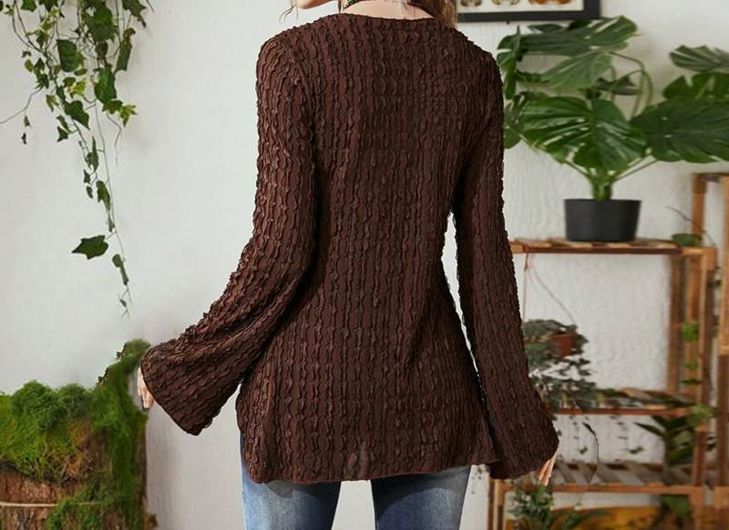 Print V-Neck Top Crop Long-Sleeve Butterfly Front Ribbon