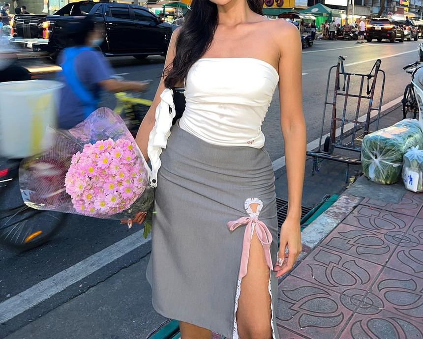 Ribbon High Rise Lace Trim Skirt Pencil Plain Midi