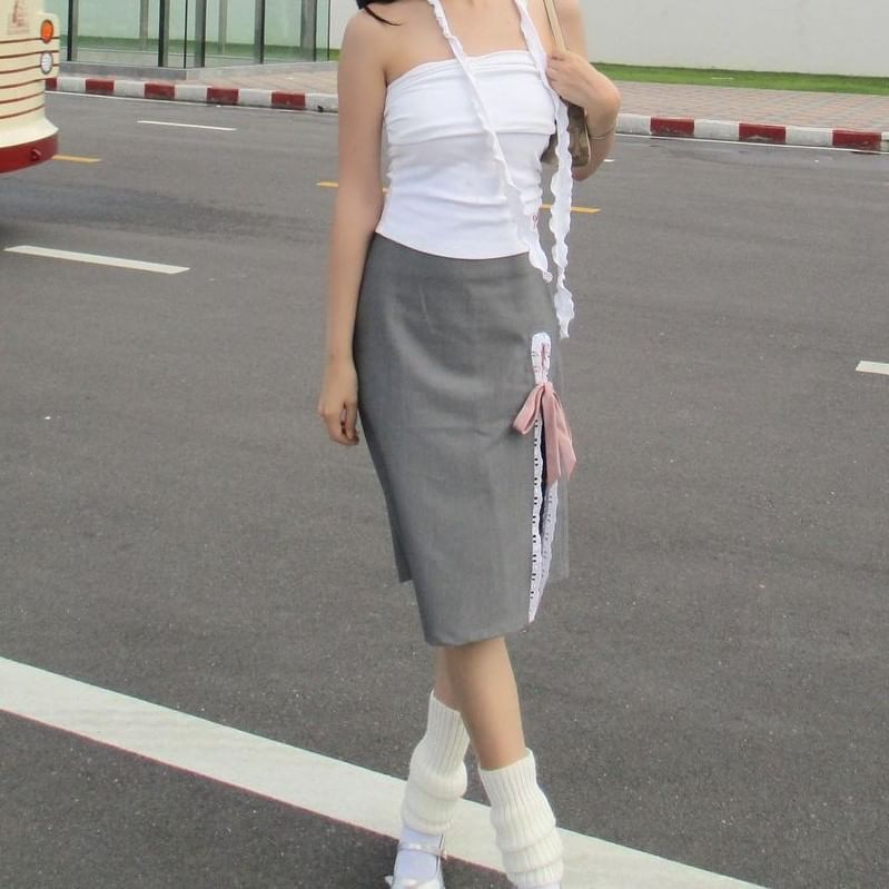 Ribbon High Rise Lace Trim Skirt Pencil Plain Midi