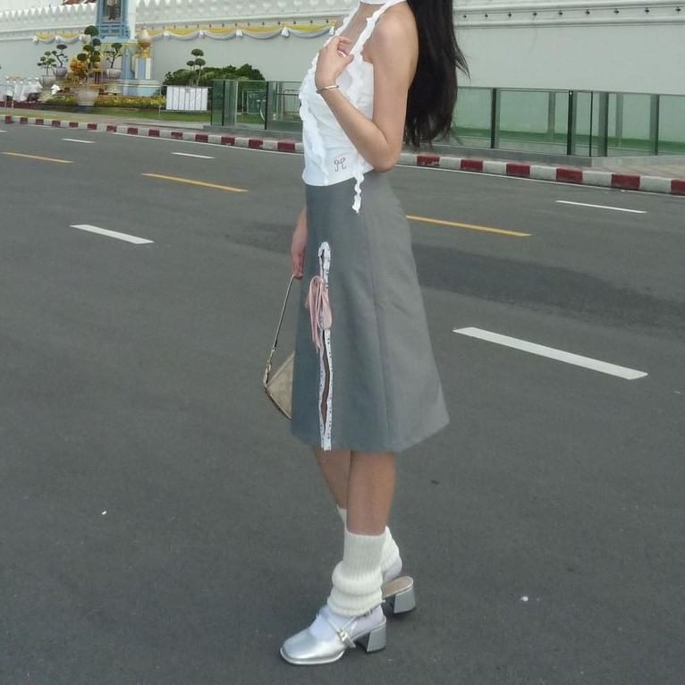 Ribbon High Rise Lace Trim Skirt Pencil Plain Midi