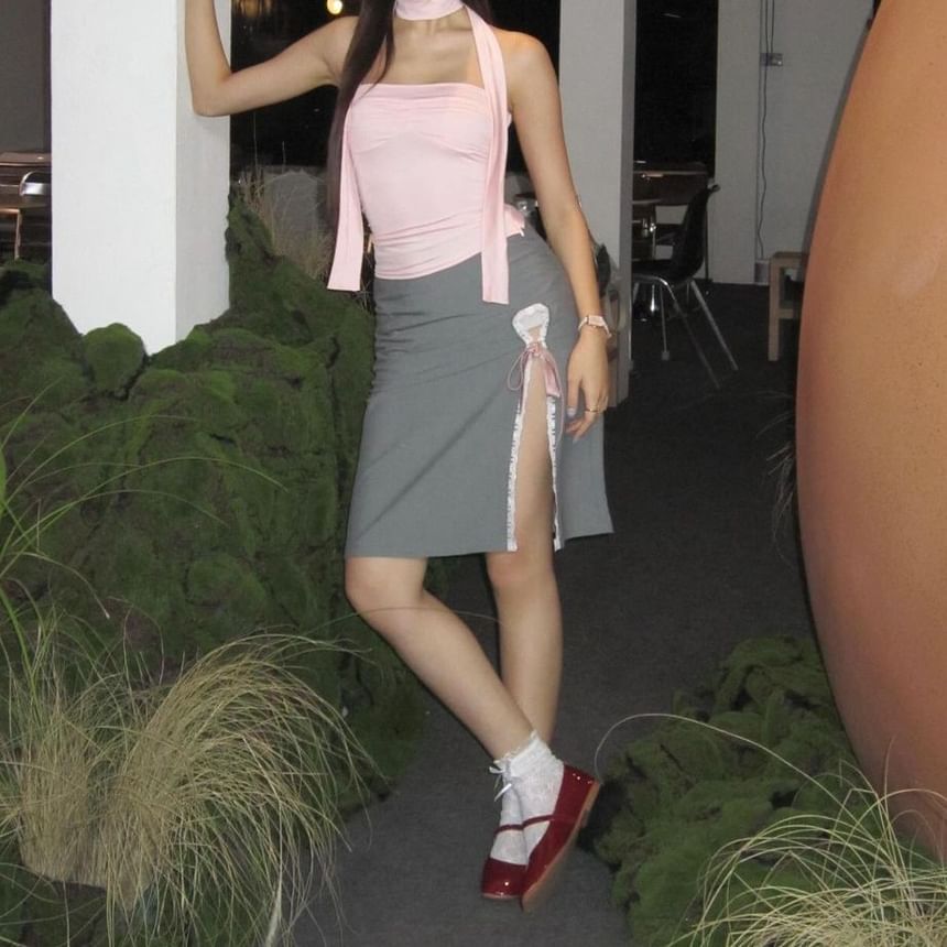 Ribbon High Rise Lace Trim Skirt Pencil Plain Midi