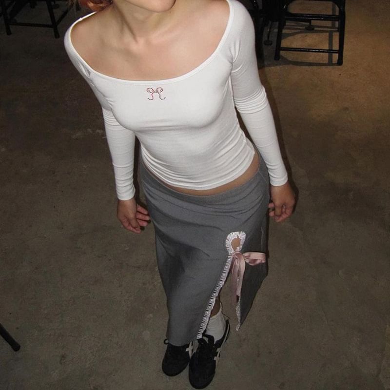 Ribbon High Rise Lace Trim Skirt Pencil Plain Midi