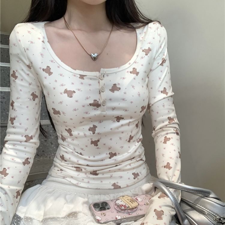 T-Shirt Bear Henley Long-Sleeve Print