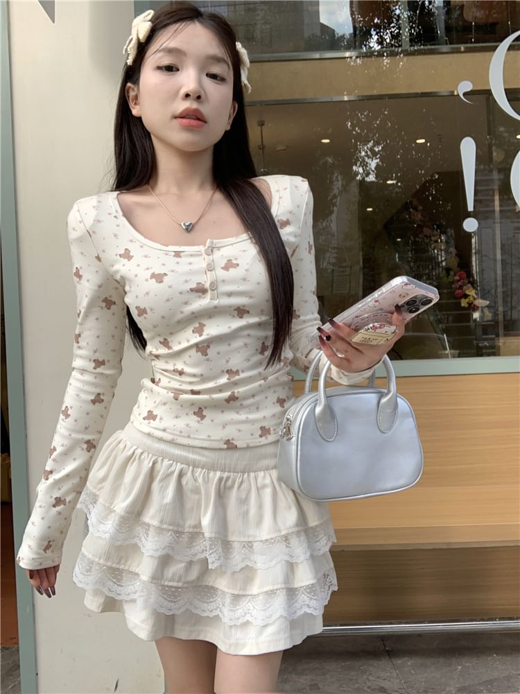 T-Shirt Bear Henley Long-Sleeve Print