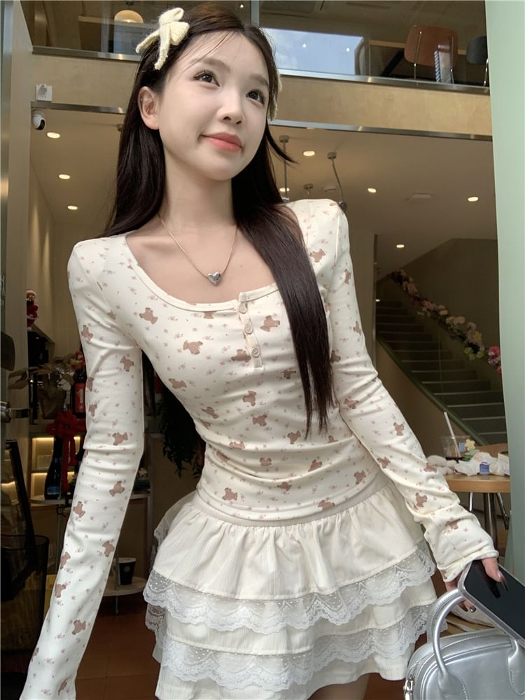 T-Shirt Bear Henley Long-Sleeve Print