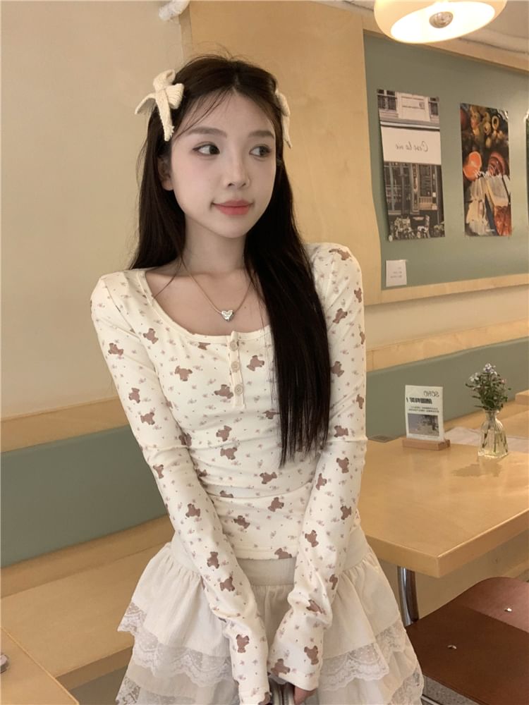 T-Shirt Bear Henley Long-Sleeve Print