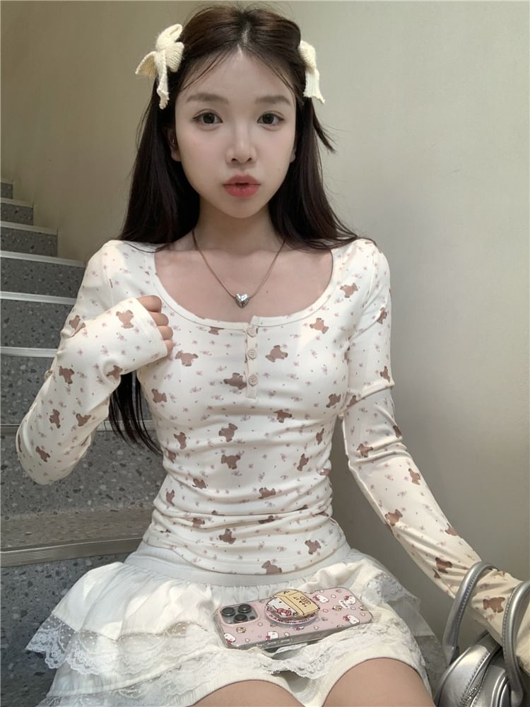 T-Shirt Bear Henley Long-Sleeve Print