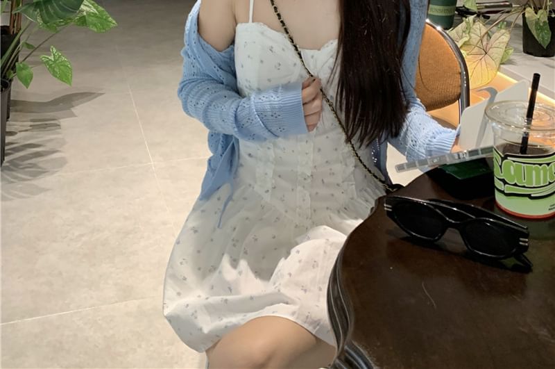 Dress A-Line / Spaghetti Ruffle Mini Print Floral Pointelle Cardigan Plain Strap