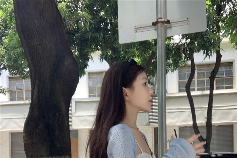 Dress A-Line / Spaghetti Ruffle Mini Print Floral Pointelle Cardigan Plain Strap