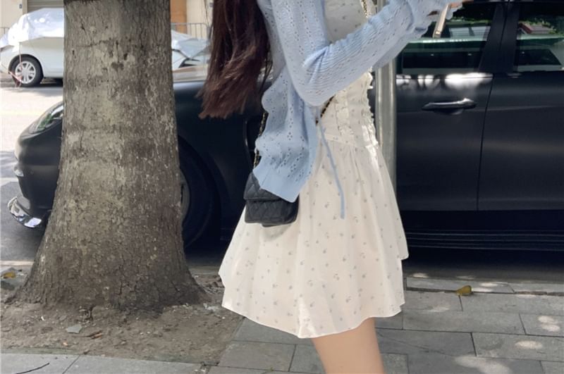 Dress A-Line / Spaghetti Ruffle Mini Print Floral Pointelle Cardigan Plain Strap