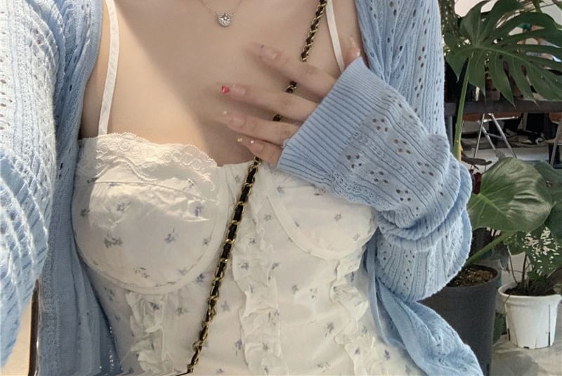 Dress A-Line / Spaghetti Ruffle Mini Print Floral Pointelle Cardigan Plain Strap