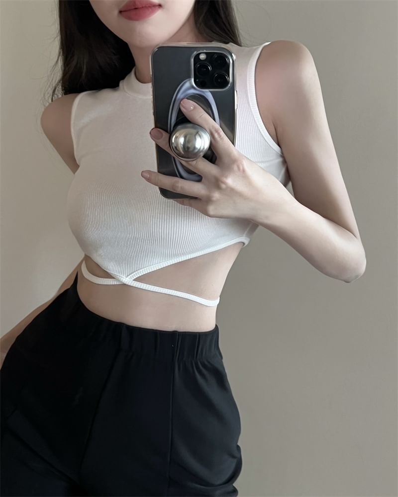 Top Back Cross Crop Tie Neck Crew Criss Tank Plain