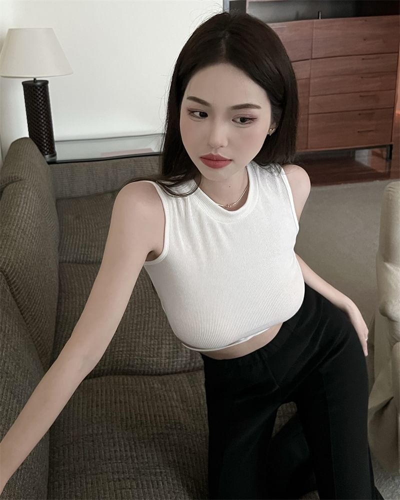 Top Back Cross Crop Tie Neck Crew Criss Tank Plain