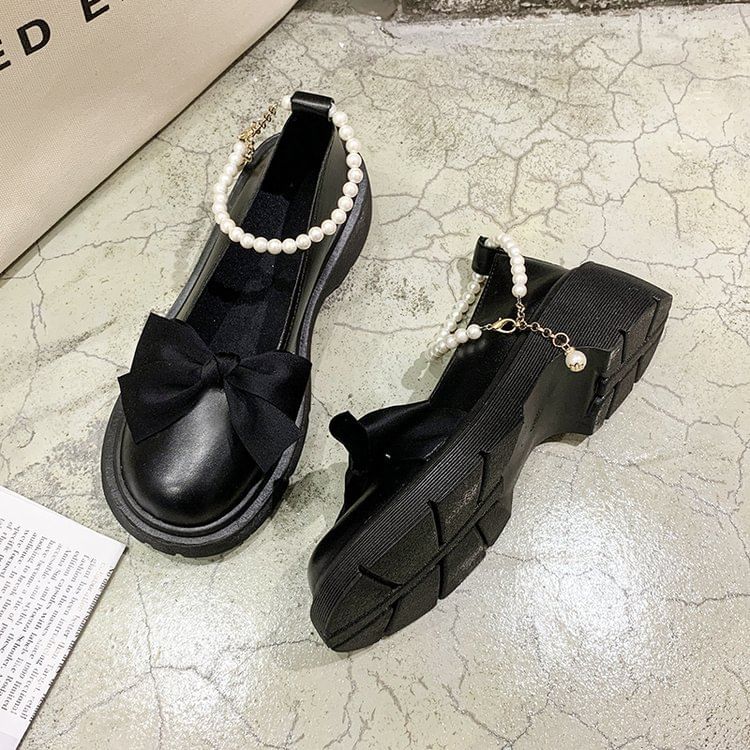 Ankle Bow Platform Chunky Loafers Heel Strap