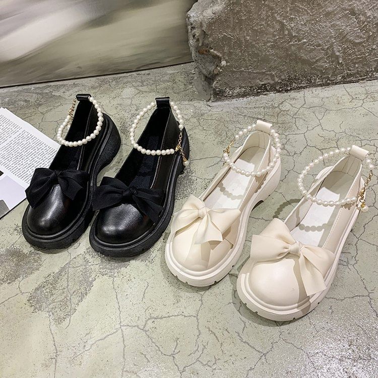 Ankle Bow Platform Chunky Loafers Heel Strap