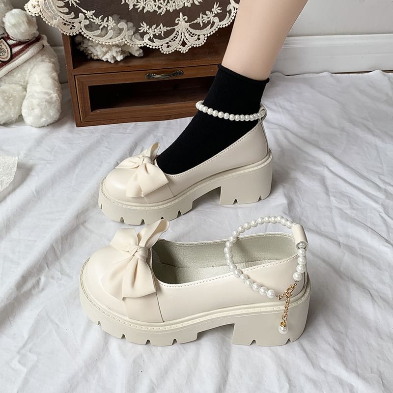 Ankle Strap Chunky Platform Loafers Heel Bow