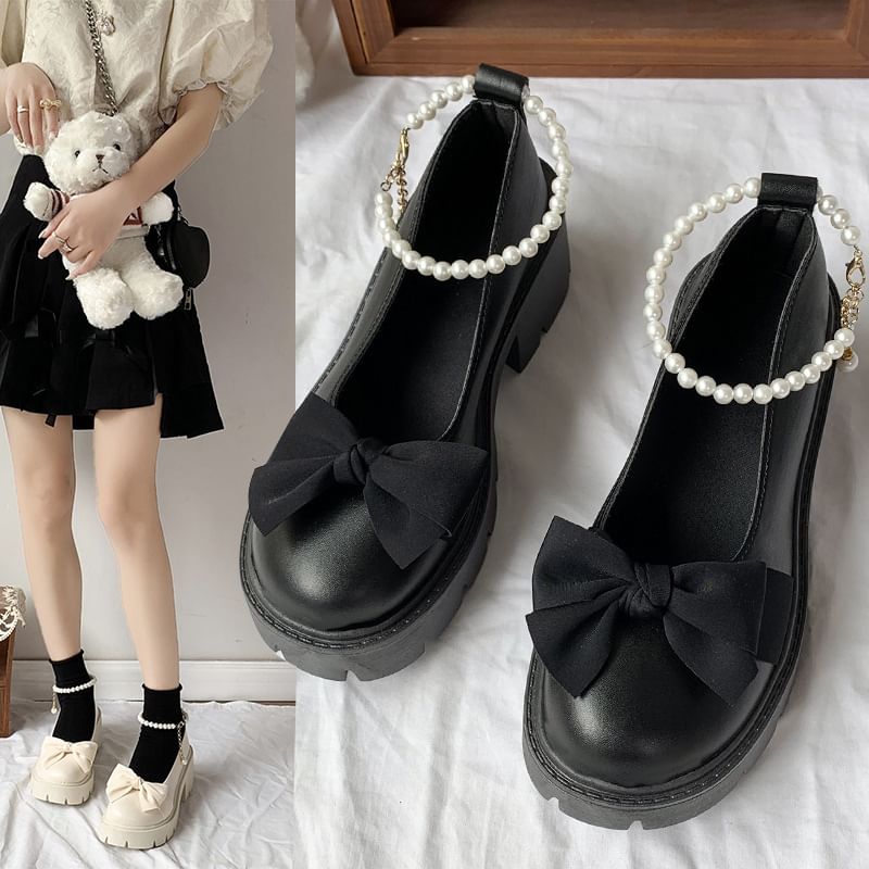 Ankle Strap Chunky Platform Loafers Heel Bow