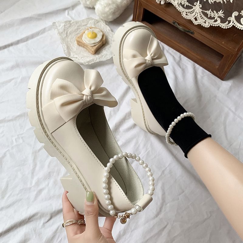Ankle Strap Chunky Platform Loafers Heel Bow