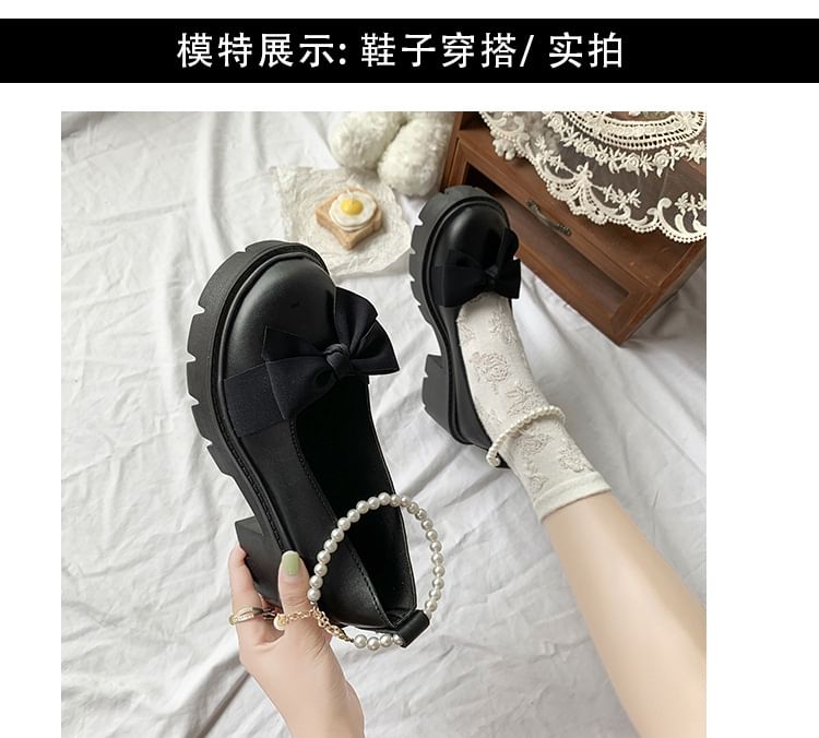 Ankle Strap Chunky Platform Loafers Heel Bow