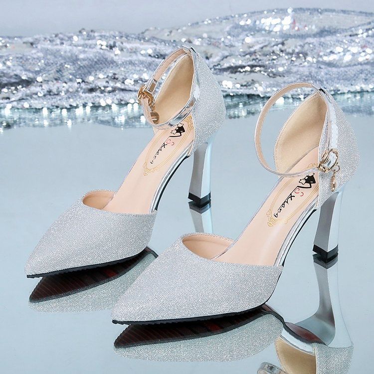 Strap Ankle Glitter Chunky Heel Sandals Pointed