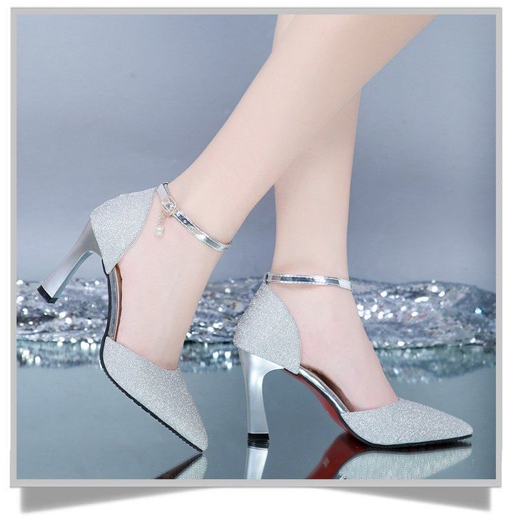 Strap Ankle Glitter Chunky Heel Sandals Pointed