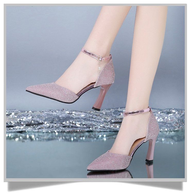 Strap Ankle Glitter Chunky Heel Sandals Pointed