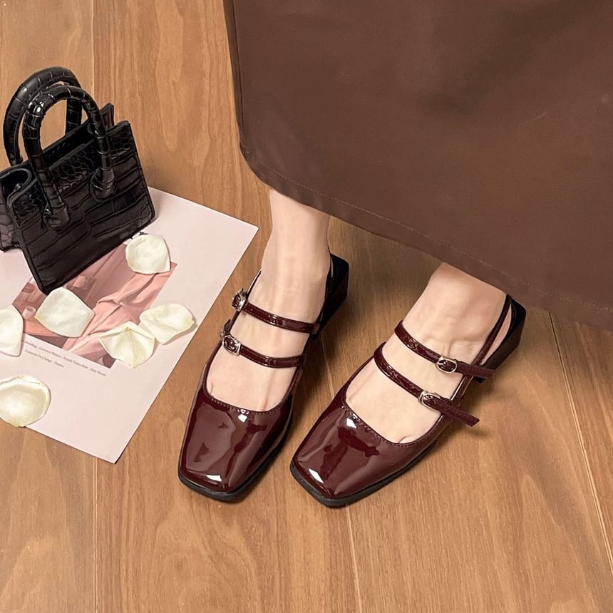 Square-Toe Buckled Slingback Sandals Heel Block