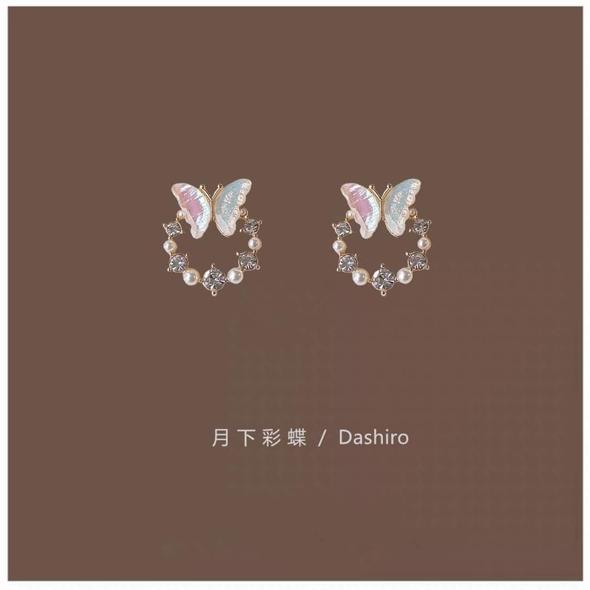 Faux Alloy Stud Earring Butterfly Pearl Rhinestone