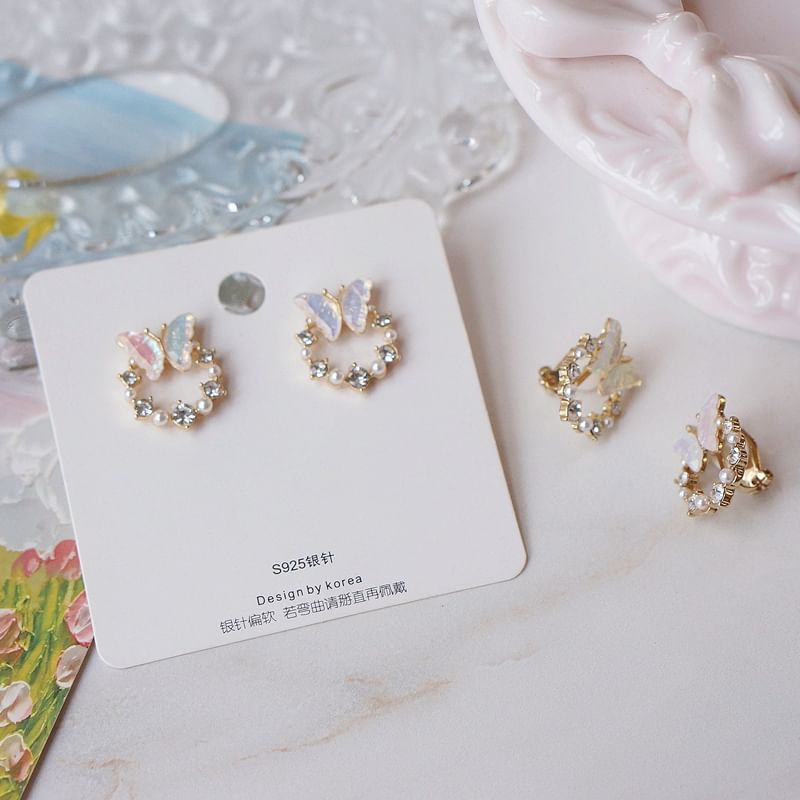 Faux Alloy Stud Earring Butterfly Pearl Rhinestone