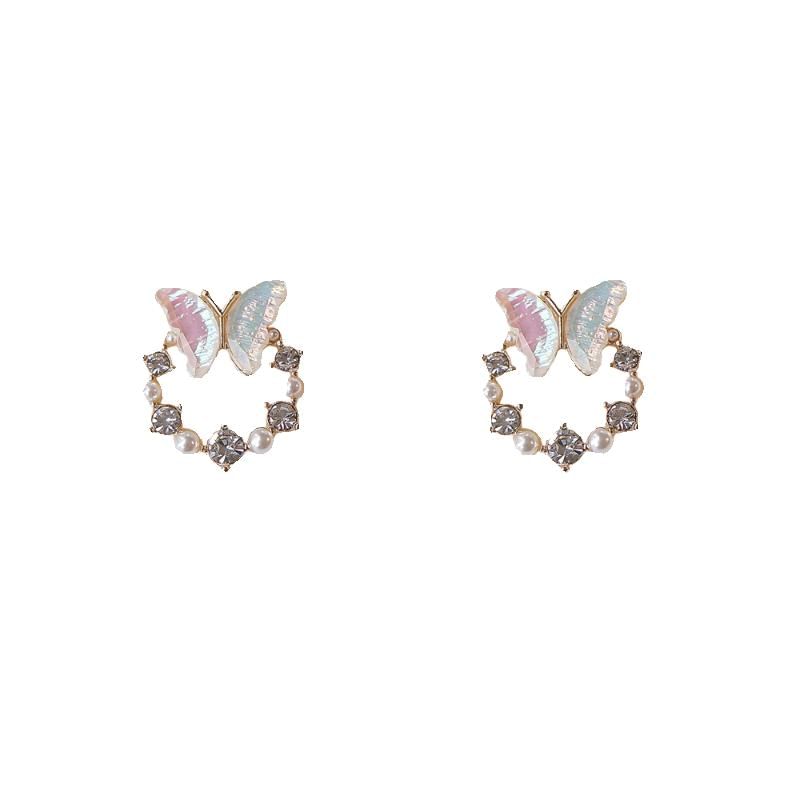 Faux Alloy Stud Earring Butterfly Pearl Rhinestone