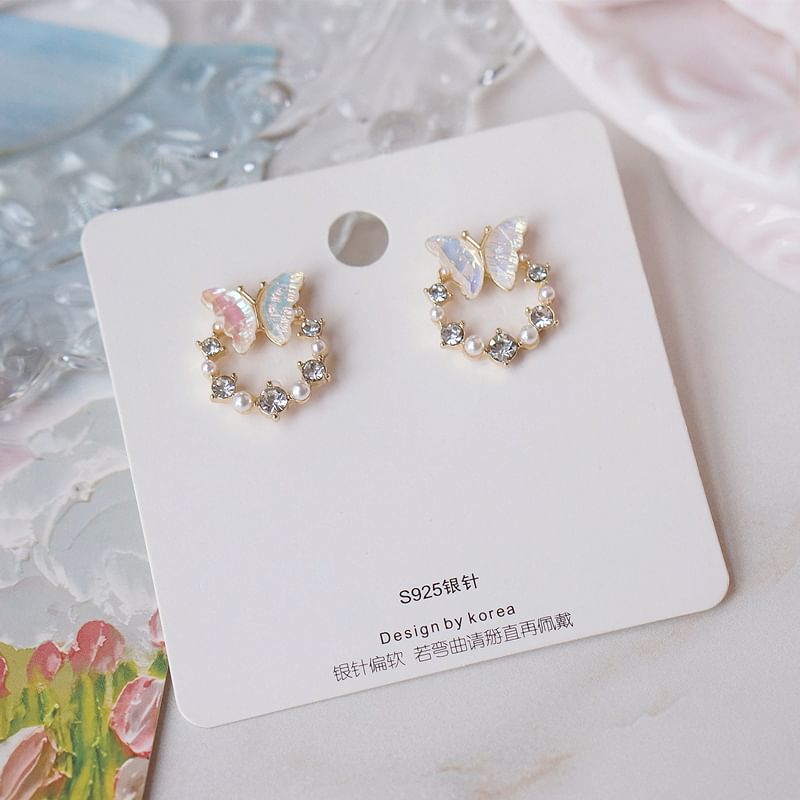 Faux Alloy Stud Earring Butterfly Pearl Rhinestone