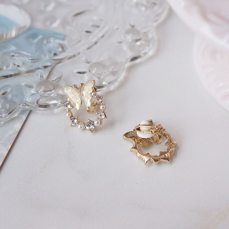 Faux Alloy Stud Earring Butterfly Pearl Rhinestone