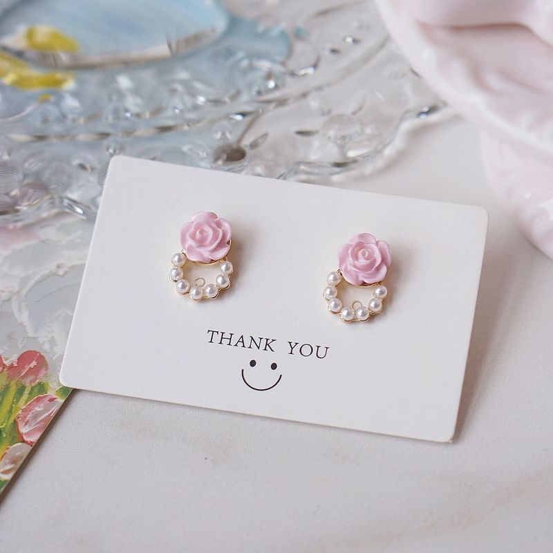 Faux Alloy Earring Stud Pearl Floral