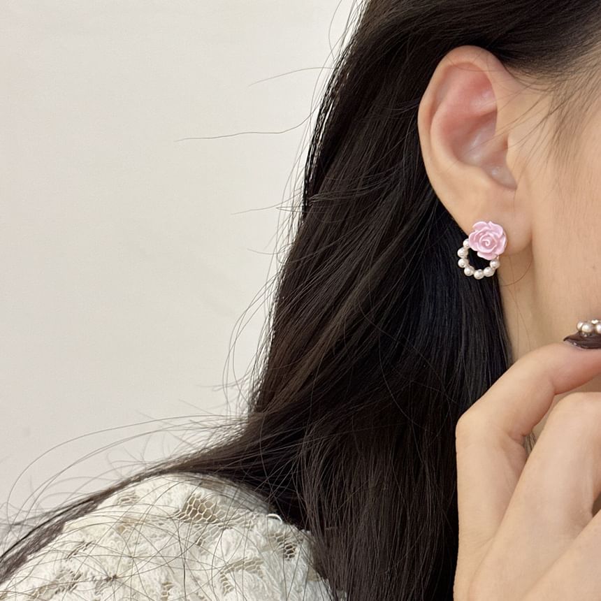 Faux Alloy Earring Stud Pearl Floral
