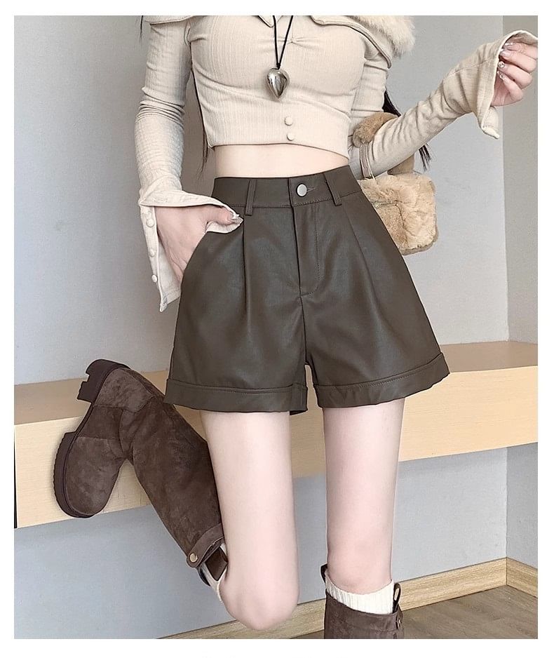 High Shorts Faux Plain Waist Leather