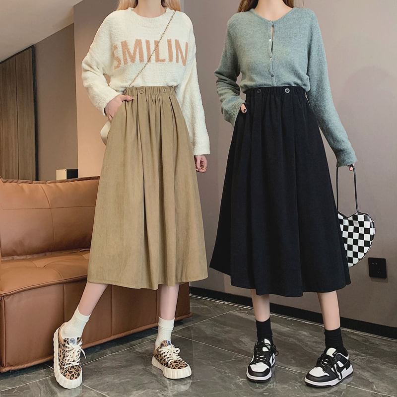 Elastic Midi A-Line Waist Skirt Pocket Plain