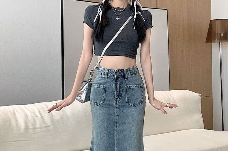 Mermaid High Waist Denim Skirt Washed Fray Midi