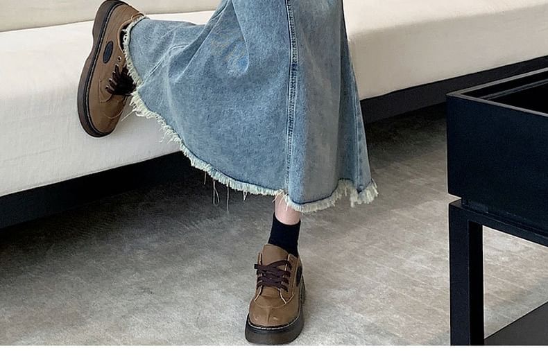 Mermaid High Waist Denim Skirt Washed Fray Midi