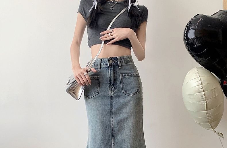 Mermaid High Waist Denim Skirt Washed Fray Midi