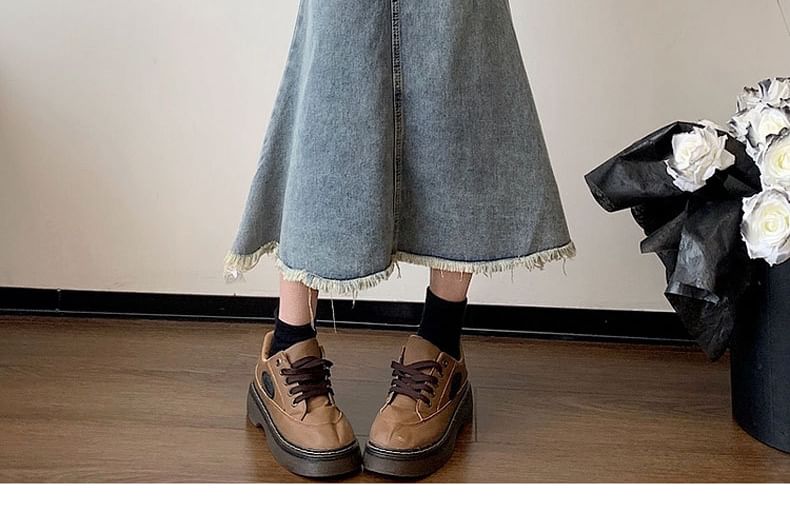 Mermaid High Waist Denim Skirt Washed Fray Midi