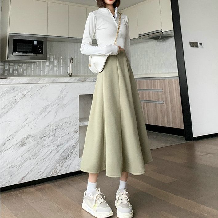 High A-Line Skirt Midi Waist Plain
