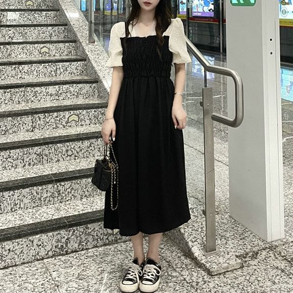 Mock A-Line Dress Two Piece Puff Ruched Sleeve V-Neck Midi