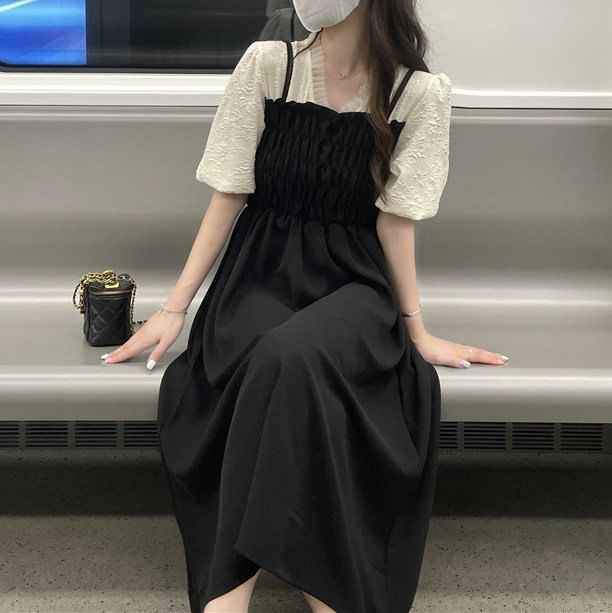 Mock A-Line Dress Two Piece Puff Ruched Sleeve V-Neck Midi