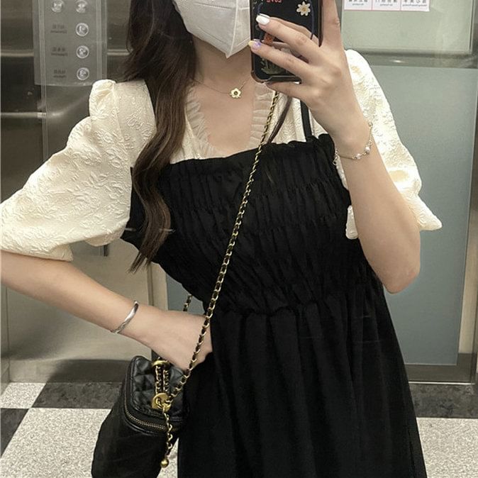 Mock A-Line Dress Two Piece Puff Ruched Sleeve V-Neck Midi