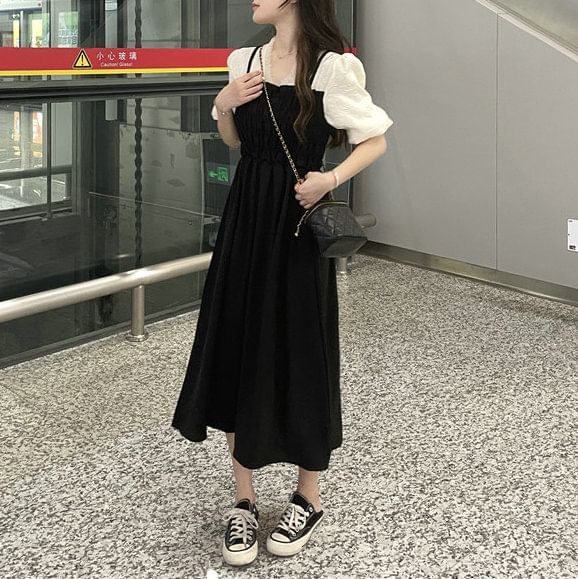 Mock A-Line Dress Two Piece Puff Ruched Sleeve V-Neck Midi