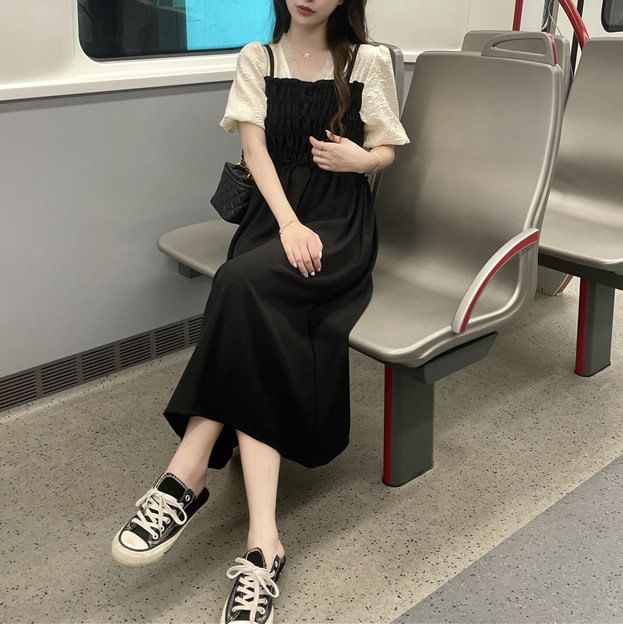 Mock A-Line Dress Two Piece Puff Ruched Sleeve V-Neck Midi