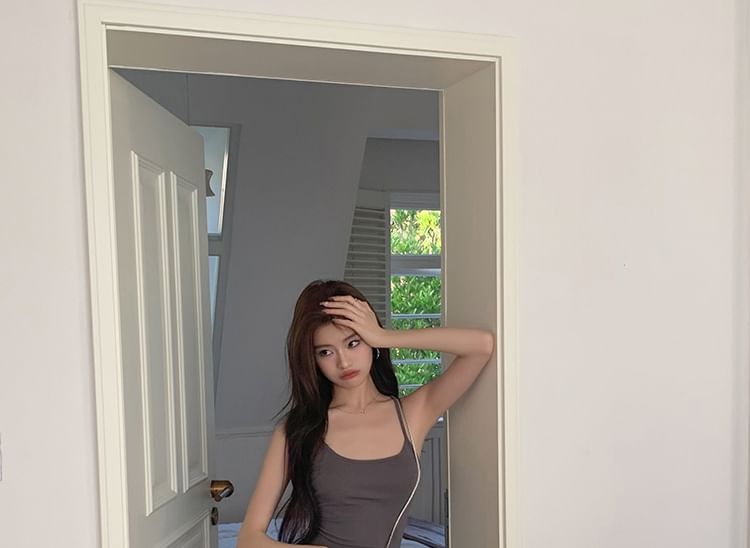 Neck Strap Open Spaghetti Back Plain Scoop Mermaid Slit Midi Dress